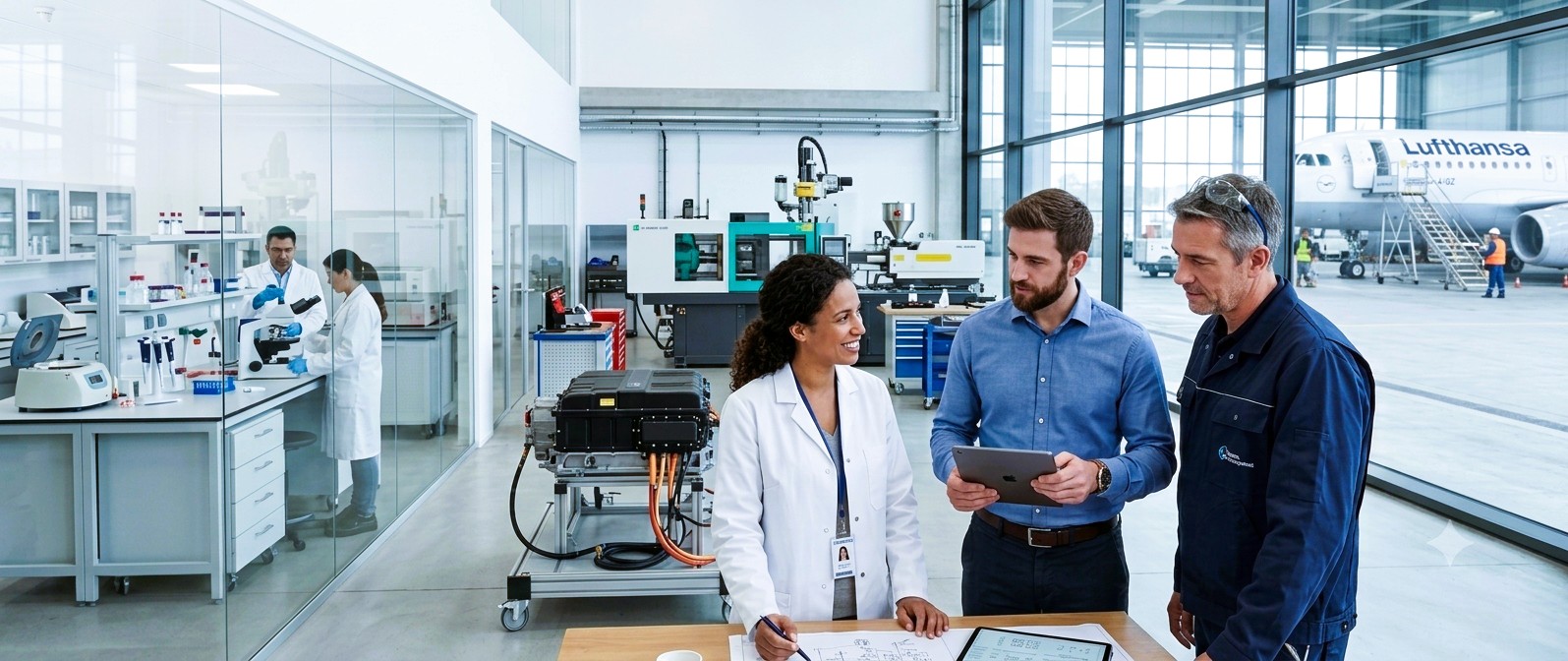 Labor, Spritzgussmaschine, E-Mobility-Komponente und Flugzeughangar – SALESFREUND Branchenkompetenz in Life Sciences, Kunststoffverarbeitung, Automotive & Luftfahrt